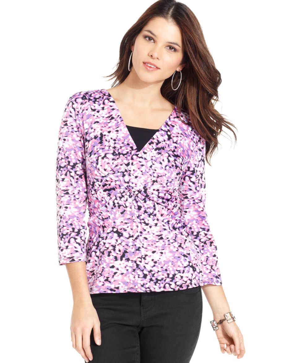 Alfani Petite Top, Three Quarter Sleeve Geometric Print Ruched