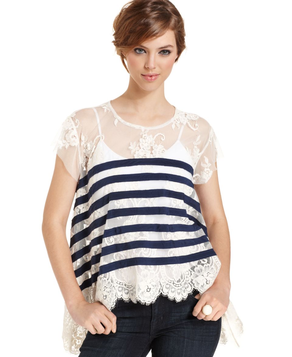 BCBGMAXAZRIA Top, Short Sleeve High Neck Lace Striped