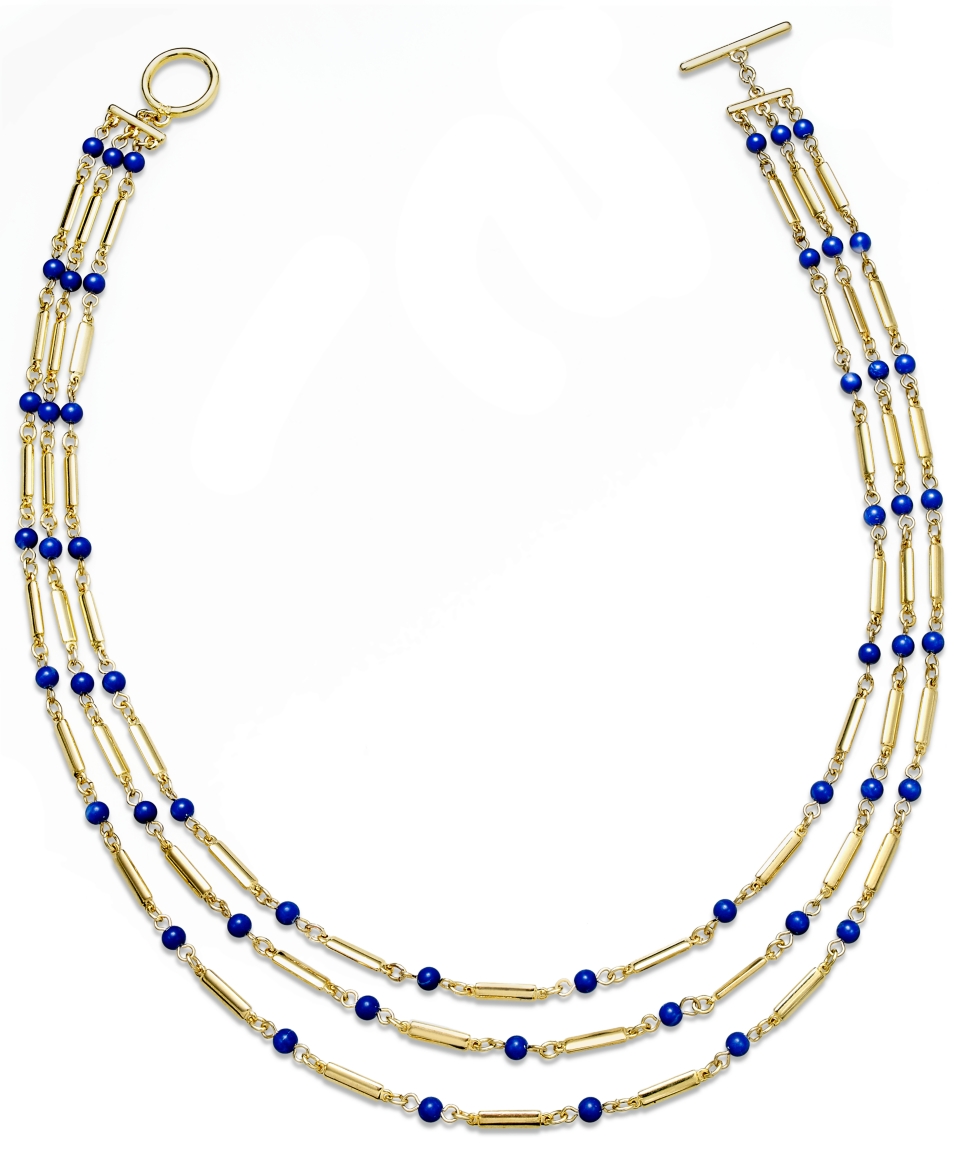 Lauren Ralph Lauren Necklace, Gold Tone Blue Bead Tube Chain Three Row