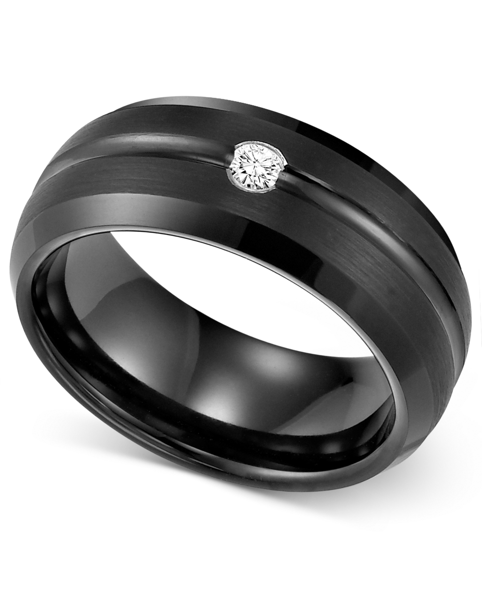 Mens Black Tungsten Ring, Diamond Accent Wedding Band   Rings   Jewelry & Watches