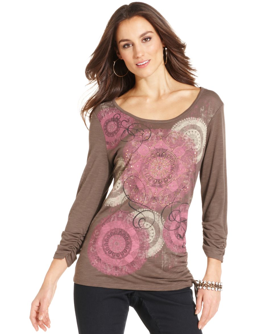 Style&co. Petite Top, Three Quarter Sleeve Printed Ruched Studded