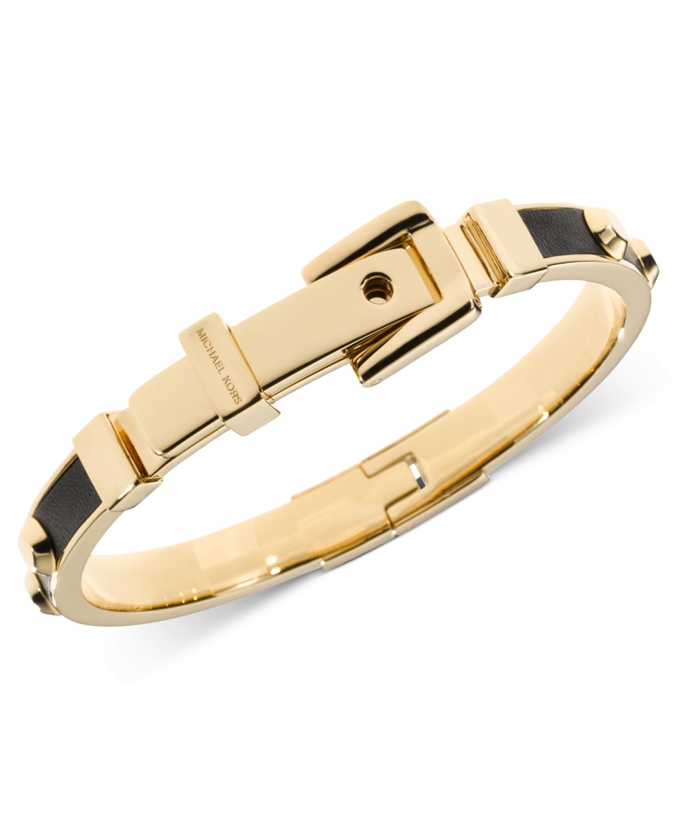 Michael Kors Bracelet, Gold Tone Black Leather Buckle Bangle Bracelet