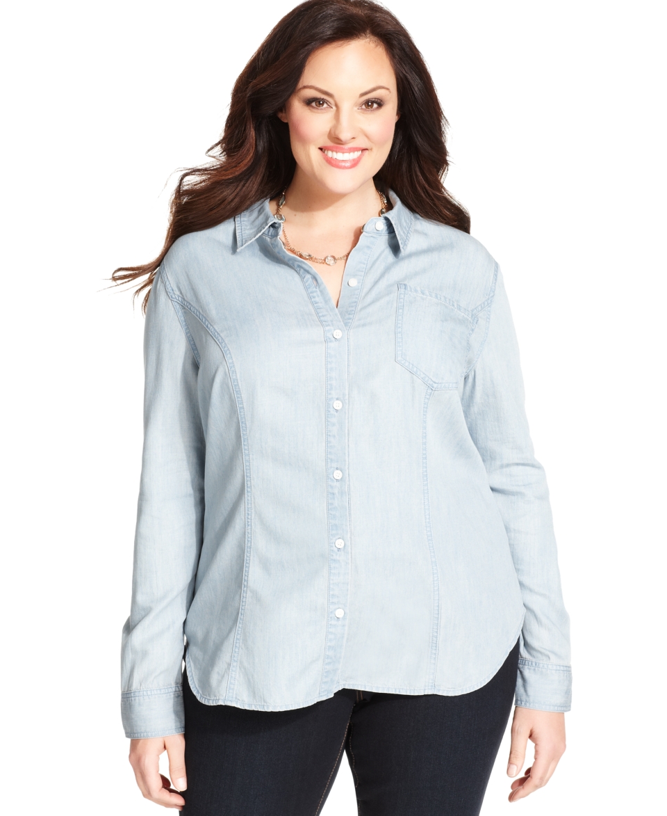 INC International Concepts Plus Size Shirt, Long Sleeve Chambray