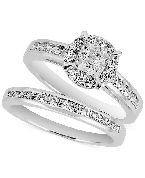 Macy S Diamond Princess Cluster Bridal Set 1 Ct T W In 14k White Gold Reviews Rings Jewelry Watches Macy S