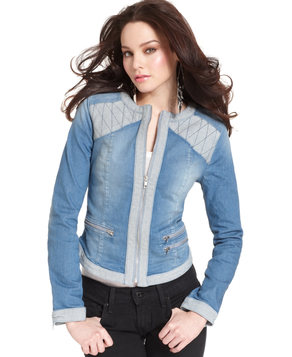 GUESS Jacket, Two Tone Denim Collarless Moto   Womens Jackets