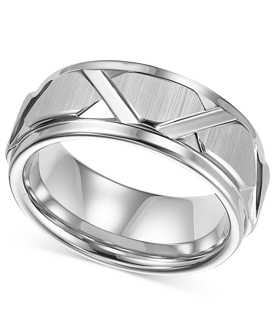 Triton Mens White Tungsten Carbide Ring, 8mm Bevel Step Comfort Fit Wedding Band   Rings   Jewelry & Watches