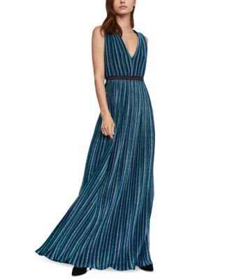 bcbg metallic stripe pleated gown