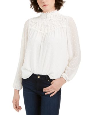 smocked mock neck blouse