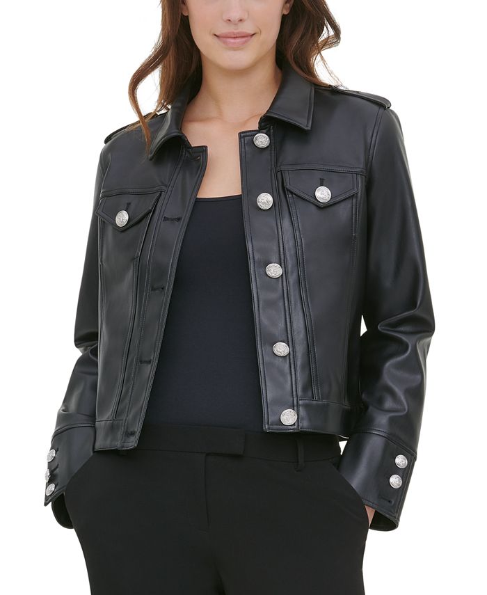Calvin Klein Faux Leather Button-Front Jacket & Reviews - Jackets