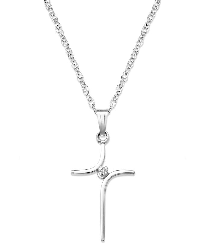 Macy's Sterling Silver Necklace, Curved Cross and Diamond Accent