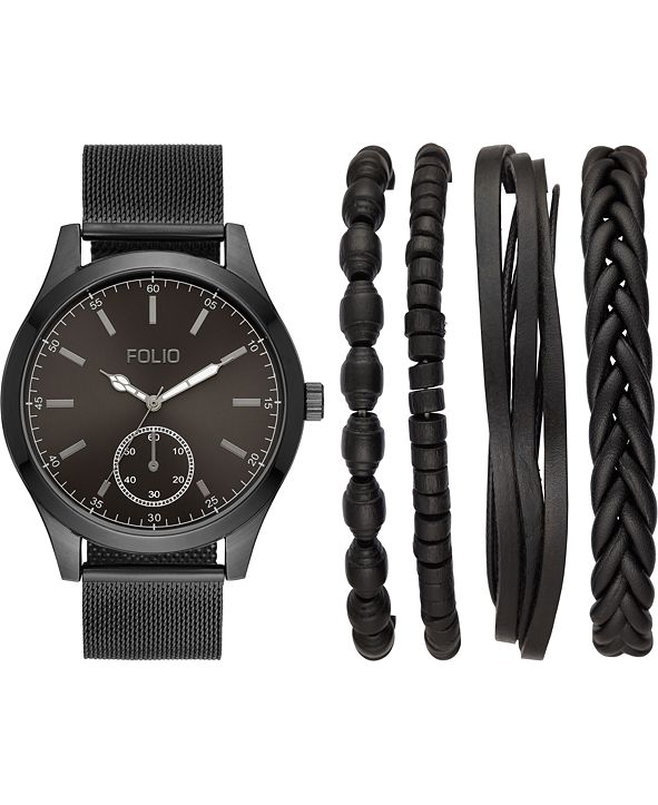 Folio Men's Black Stainless Steel Mesh Bracelet Watch 47mm Gift Set ...