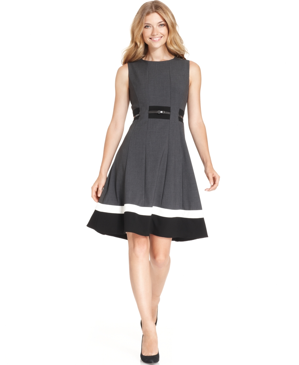 Calvin Klein Sleeveless Belted Striped Dress   Dresses   Women