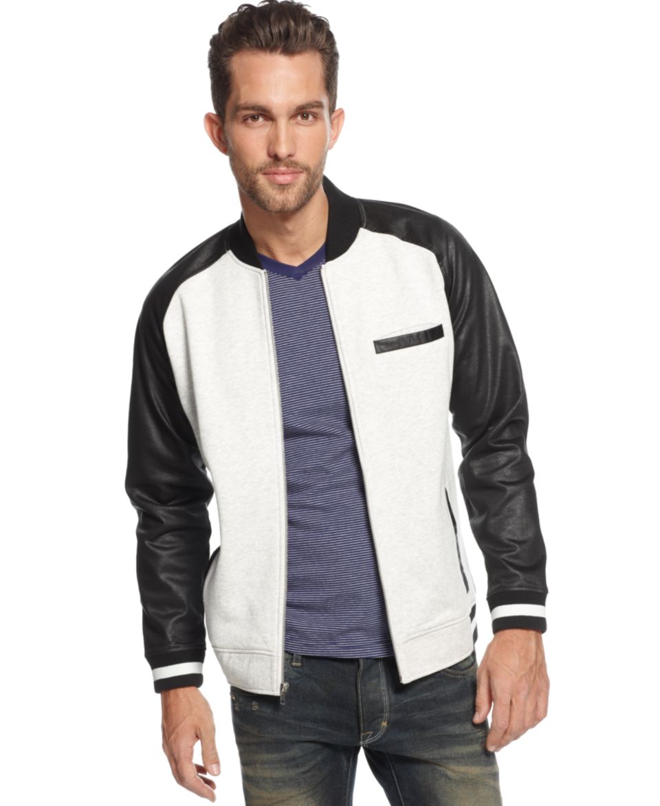 GUESS Coats, Mixed Media Varsity Bomber Jacket   Coats & Jackets   Men