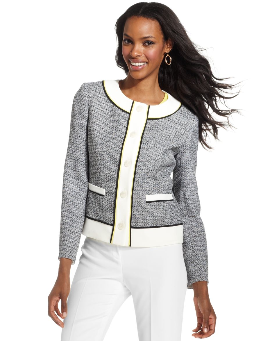 Anne Klein Collarless Tweed Contrast Trim Jacket