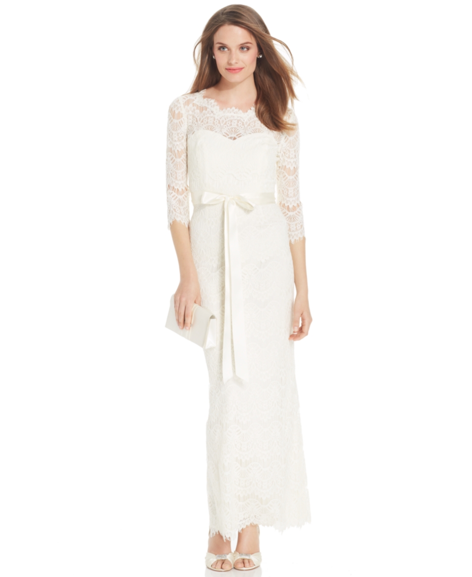 Xscape 3/4 Sleeve Lace Gown with Sash   Dresses   Women