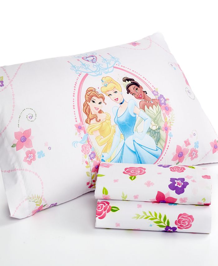 The white ground fitted sheet is 39x75x10 inches and the pink ground flat. disney princess royal garden twin sheet