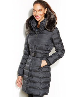 DKNY Hooded Faux-Fur-Trim Belted Down Puffer Coat - Coats - Women - Macy's
