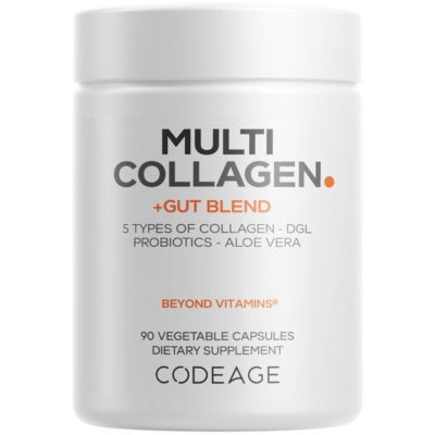 Добавка Codeage Multi Collagen + Gut Blend - Пробиотики для пищеварения, лакрица DGL, Алоэ Вера, Органические листья мяты перечной, Вяз скользкий, 90 капсул белого цвета