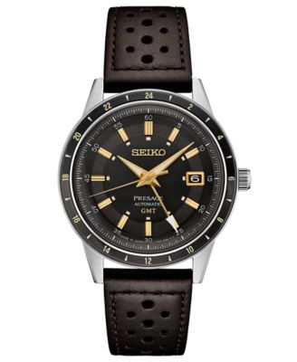 Мужские часы Seiko с автоподзаводом Presage GMT на коричневом перфорированном кожаном ремешке диаметром 41 мм