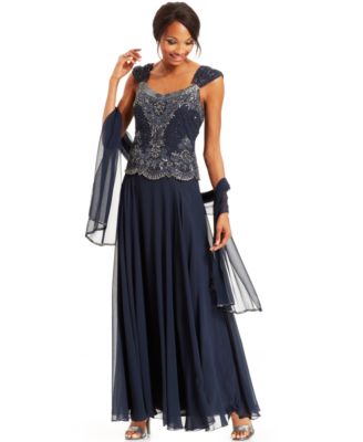 jkara beaded bodice chiffon gown