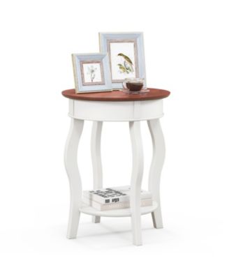 Двухъярусный круглый торцевой столик SUGIFT с полкой для хранения и ножками из цельного каучукового дерева