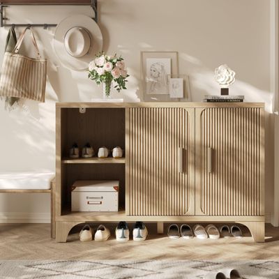 47-дюймовый современный буфет середины века с рифлеными дверцами, деревянным сервантом и подставкой для хранения для кухни или гостиной