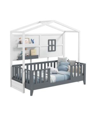 Кровать SUGIFT Twin Wood House Bed Монтессори Напольная кровать с 2 полками и поручнями