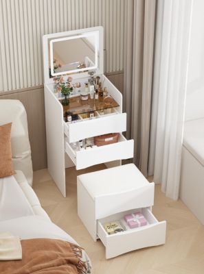 Туалетный столик FAMAPY White с зеркалом с откидной крышкой, 3 выдвижными ящиками, прозрачной стеклянной столешницей, светодиодной подсветкой и табуретом