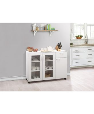 Мебель бренда Kings Буфет Серверный буфет Кухонный шкаф для хранения вещей с регулируемыми полками и выдвижными ящиками, Белое дерево и стекло