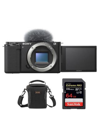 Корпус беззеркальной камеры Sony ZV-E10, Черный, в комплекте с картой памяти SD емкостью 64 ГБ, Сумка через плечо черного цвета