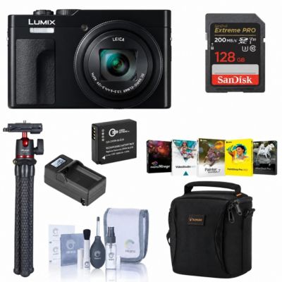 Компактная цифровая фотокамера Panasonic LUMIX ZS99 Black для наведения и съемки (DC-ZS99K) в комплекте с SD-картой емкостью 128 ГБ, сумкой через плечо, ремешком для переноски, дополнительной батареей, черный