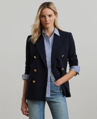 Женский двубортный блейзер из шерстяного крепа Lauren Ralph Lauren синего цвета