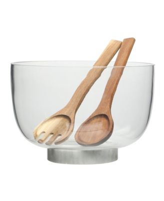 Набор больших стеклянных салатниц Gibson Home Wildgreens с мраморным дном и сервировочными принадлежностями цвета акации