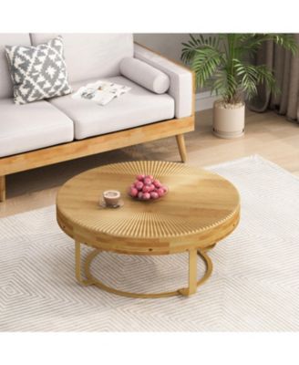 Современный круглый журнальный столик Streamdale Furniture с резной столешницей из сосны и металлическими ножками коричнево-бежевого цвета