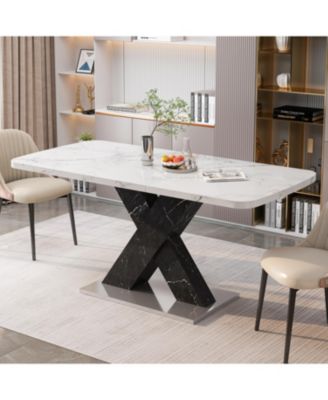 Современный квадратный обеденный стол Streamdale Furniture с растягивающимся дизайном, мраморной столешницей с принтом и Х-образными ножками из МДФ с металлическим основанием.
