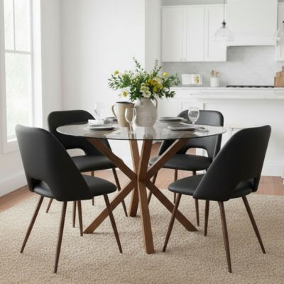 Обеденный гарнитур Maison Boucle из стекла и искусственной кожи, 5 предметов, Круглый стол и 4 стула, Современная мебель для кухни и столовой, черный