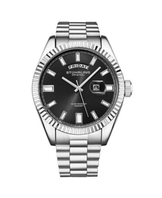 Мужские часы Stuhrling Statesman 4070 – Браслет из нержавеющей стали, Черный циферблат, Кварцевые часы с датой, рифленый безель диаметром 42 мм