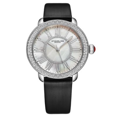 Элегантные женские наручные часы Stuhrling Elegant, 40 мм, Модель 4068, Ремешок из черной атласной кожи, черные вставки из кристаллов