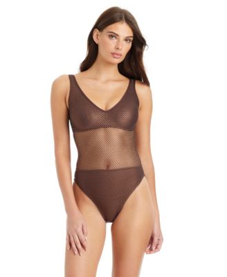 Купальник на бретелях Sanctuary Sea, связанный крючком через плечо с круглым вырезом, коричневый