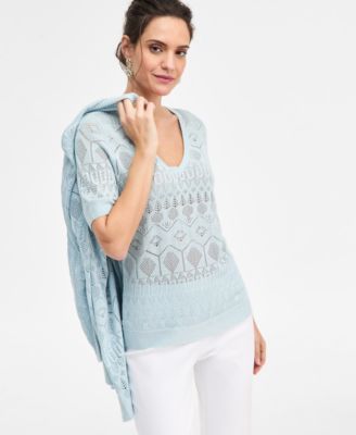 Женский свитер с коротким рукавом и V-образным вырезом Pointelle из коллекции JM, эксклюзивный синий цвет Macy's