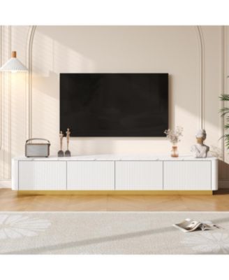 Роскошная рифленая подставка для телевизора Streamdale Furniture - Столешница из искусственного мрамора, 4 выдвижных ящика, Золотое основание, Белый
