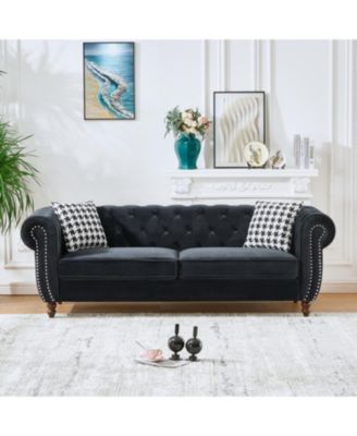 Streamdale Furniture 87" Бархатный диван Честерфилд, с подлокотниками, с отделкой в виде гвоздей, 3-местный