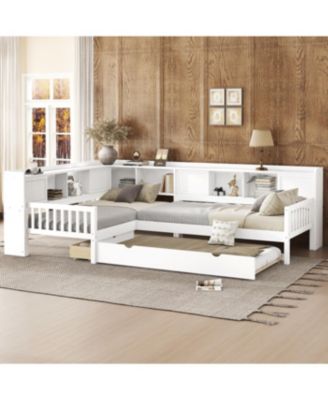 Streamdale Furniture - Г-образная двуспальная кровать на платформе с выдвижным ящиком, ящиками для хранения вещей и полками, Белая