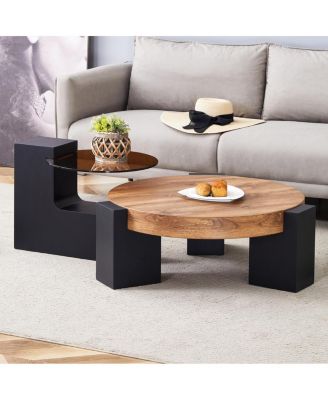 Современный простой двухслойный круглый журнальный столик Streamdale Furniture с прозрачной столешницей из коричневого стекла