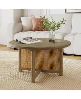 Журнальный столик Streamdale Furniture 32" из ротанга, Круглый журнальный столик из плетеного дерева из ротанга