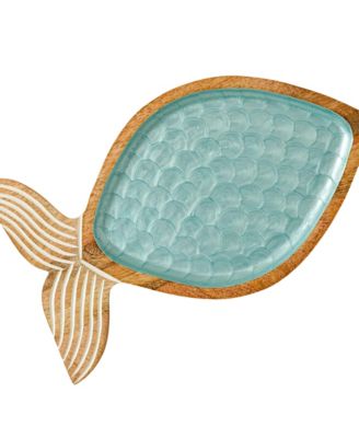 Необычные товары Сервировочное блюдо в форме морской рыбки из дерева акации и эмали