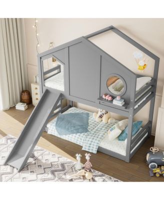 Двухъярусная кровать Streamdale Furniture Twin House с горкой и полками для хранения вещей, кровать-чердак из массива дерева