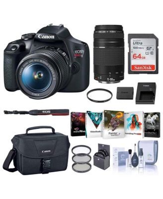 Цифровая зеркальная фотокамера Canon EOS Rebel T7 с объективами EF-S 18-55 мм и EF 75-300 мм в комплекте с сумкой, SD-картой на 64 ГБ, пакетом программного обеспечения Corel PC для фото и видео и черным