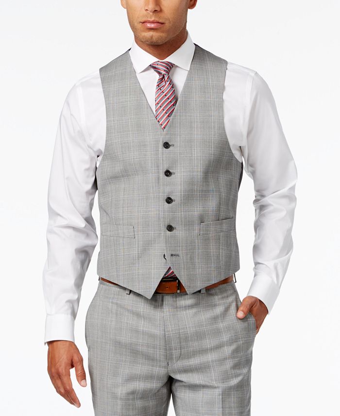Michael Kors Men's Classic-Fit Light Gray Glen Plaid Vested Suit ...