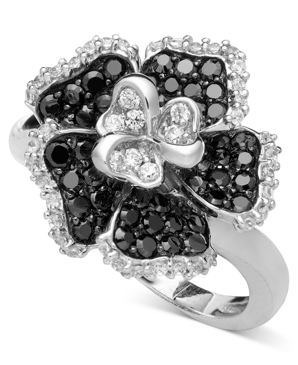 Diamond Ring, Sterling Silver Black and White Diamond Flower (1/2 ct